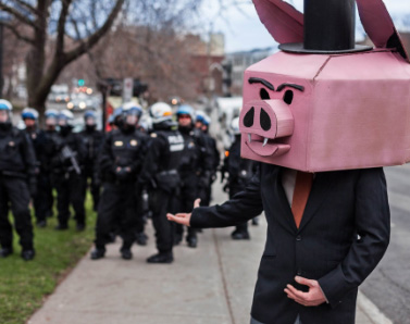 Un.e manifestant.e devant une ligne policière porte un masque de cochon